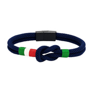 Bracelet cordon bleu marine avec noeud marin et fils aux couleurs du drapeau italien, fermoir métallique noir.