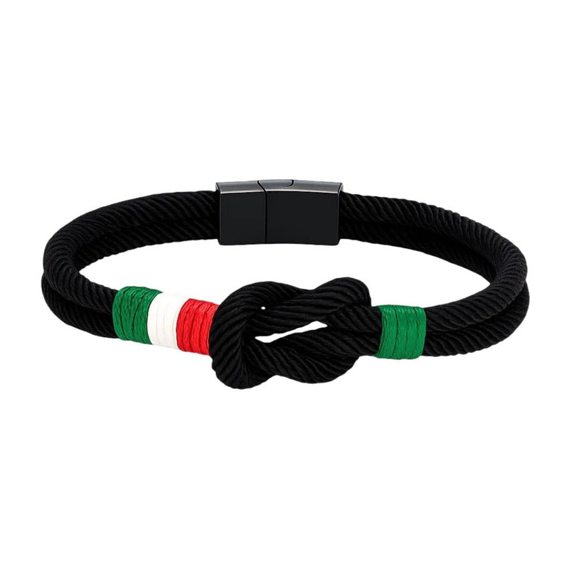 Bracelet cordon noir avec nœud marin, détails tricolores vert, blanc, rouge, fermoir métallique noir mat.