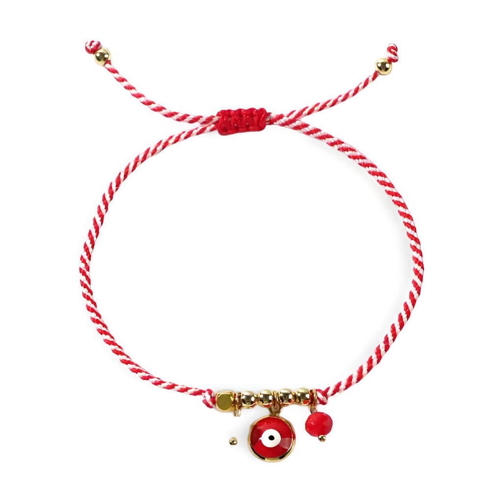Bracelet cordon rouge torsadé avec perles dorées et pendentif œil de dzi rouge pour femme.