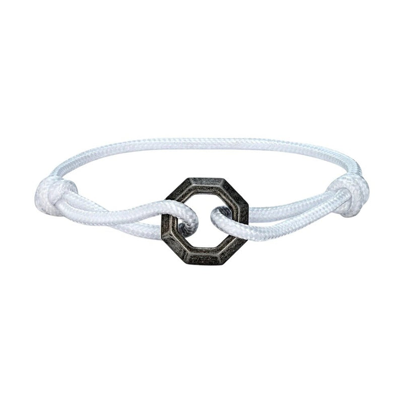 Bracelet cordon blanc avec ornement hexagone en acier inoxydable ajustable.