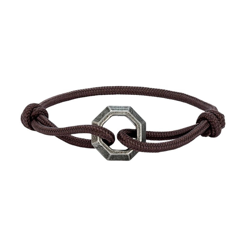 Bracelet cordon marron avec ornement hexagone en acier inoxydable, modèle Nino, ajustable.