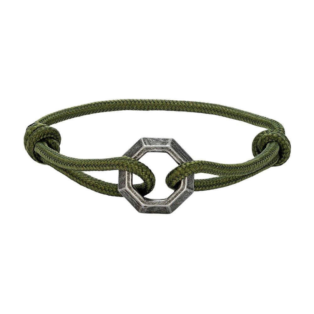 Bracelet cordon kaki avec ornement hexagone en acier inoxydable ajustable, modèle Nino.