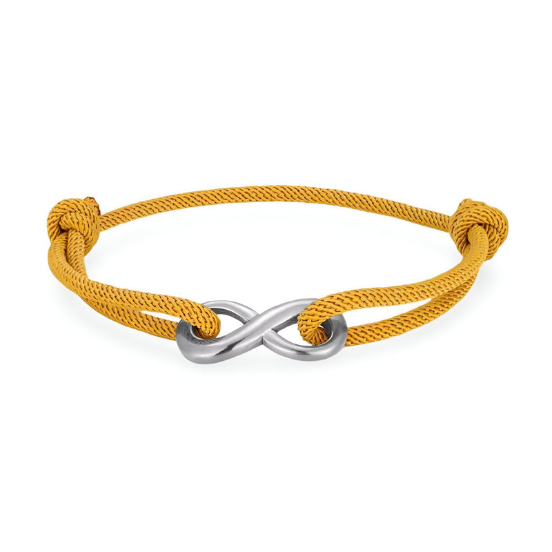 Bracelet cordon jaune avec ornement infini en métal argenté, ajustable, modèle Iman.