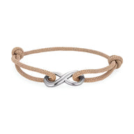 Bracelet cordon beige avec ornement infini en métal argenté, ajustable avec nœuds coulissants.