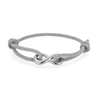 Bracelet cordon gris avec ornement infini en métal argenté, ajustable avec nœuds coulissants.