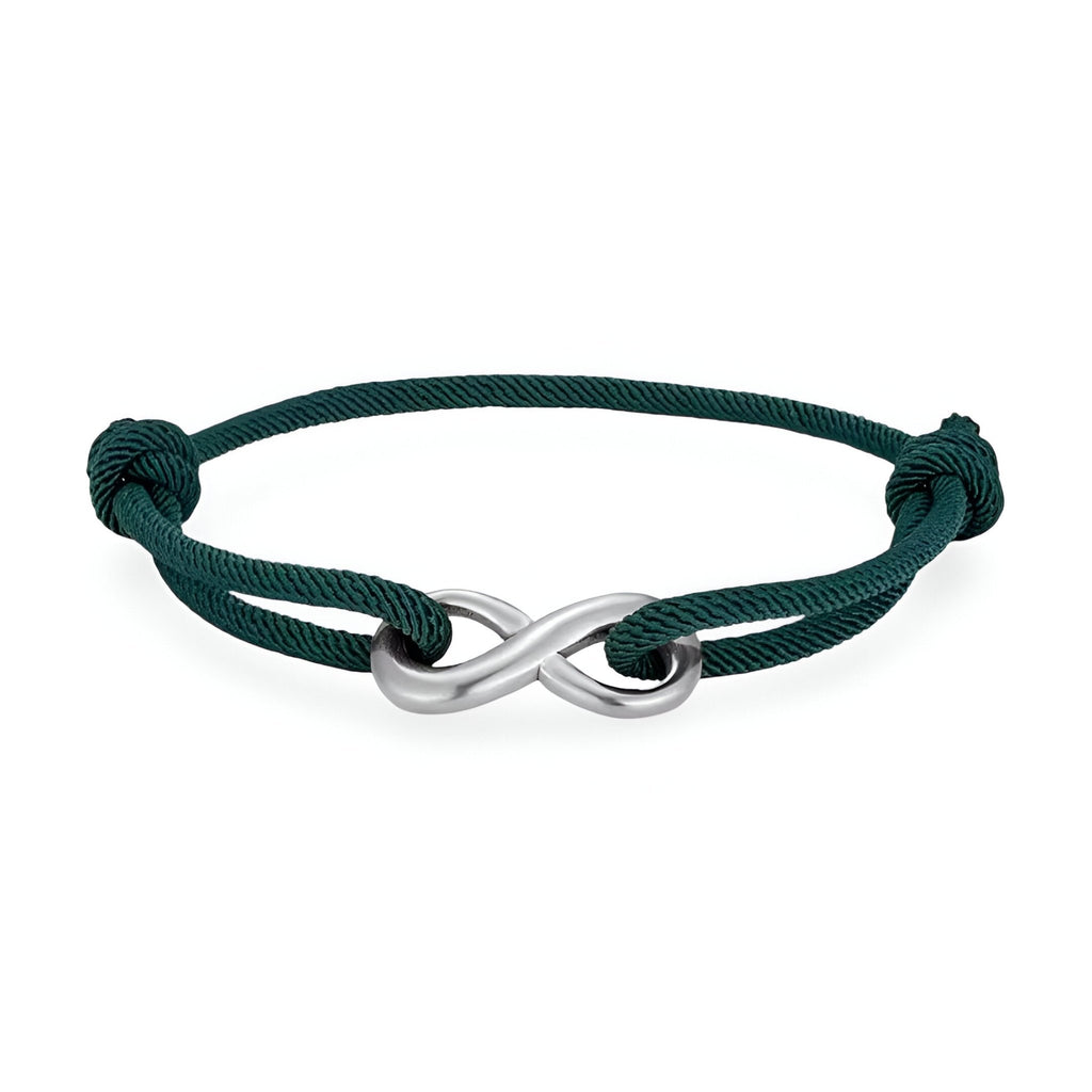 Bracelet cordon vert foncé avec ornement infini argenté ajustable et nœuds coulissants.