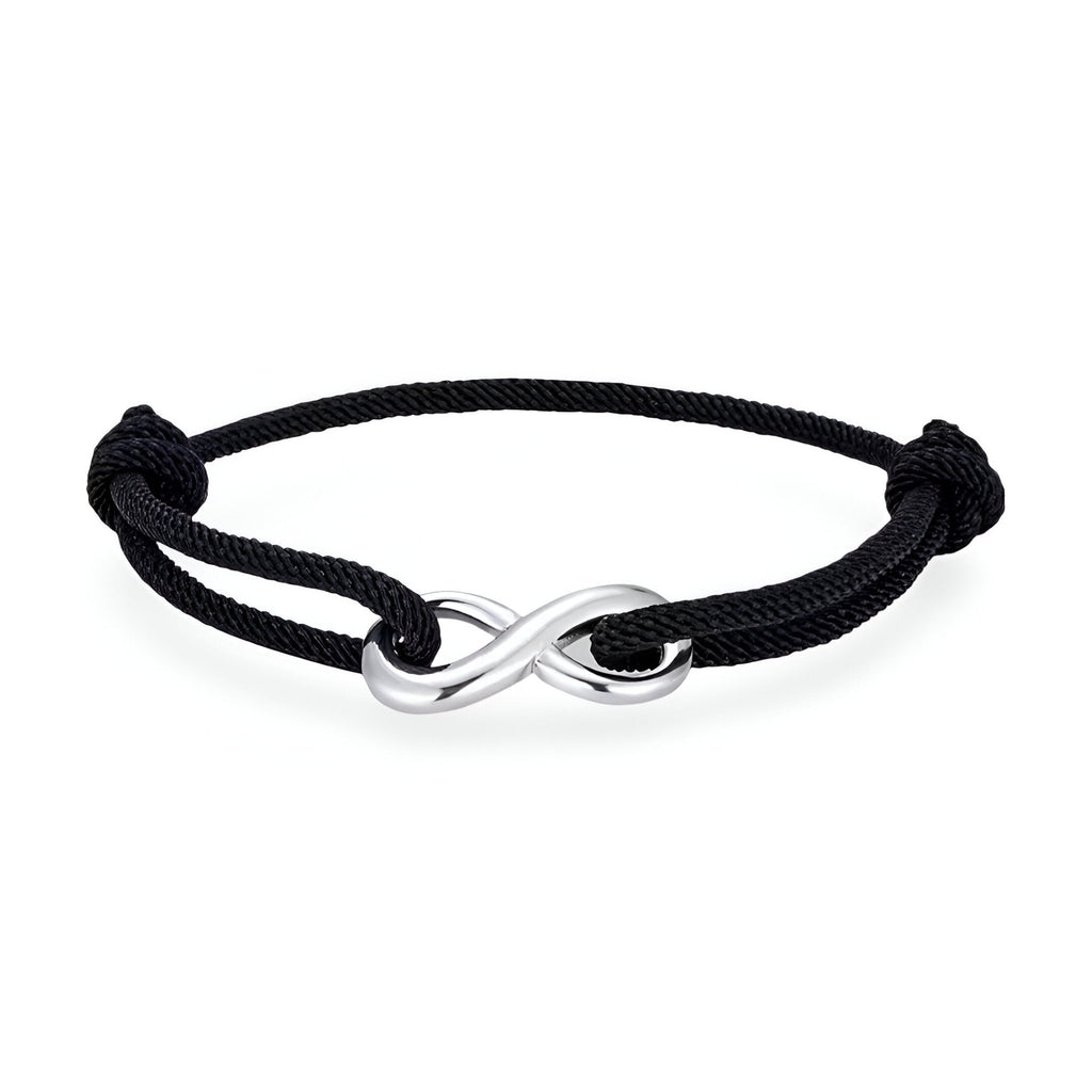 Bracelet cordon noir avec ornement infini en métal argenté, design ajustable élégant.