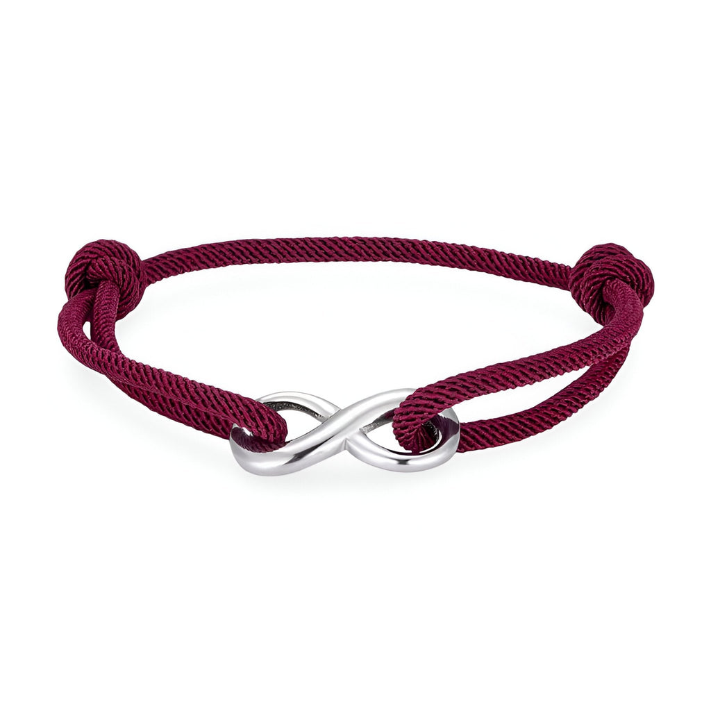 Bracelet cordon bordeaux avec ornement infini argenté et nœuds coulissants ajustables.