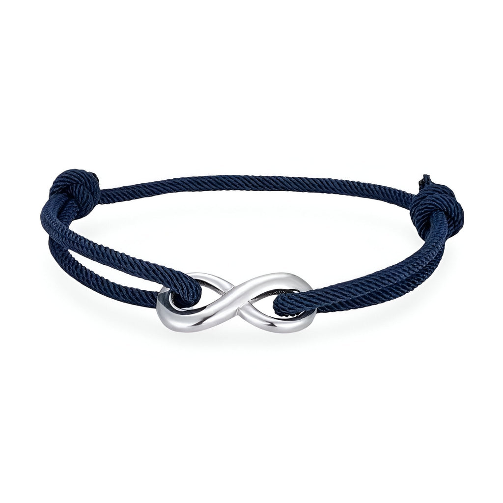 Bracelet cordon bleu marine avec ornement infini argenté ajustable.