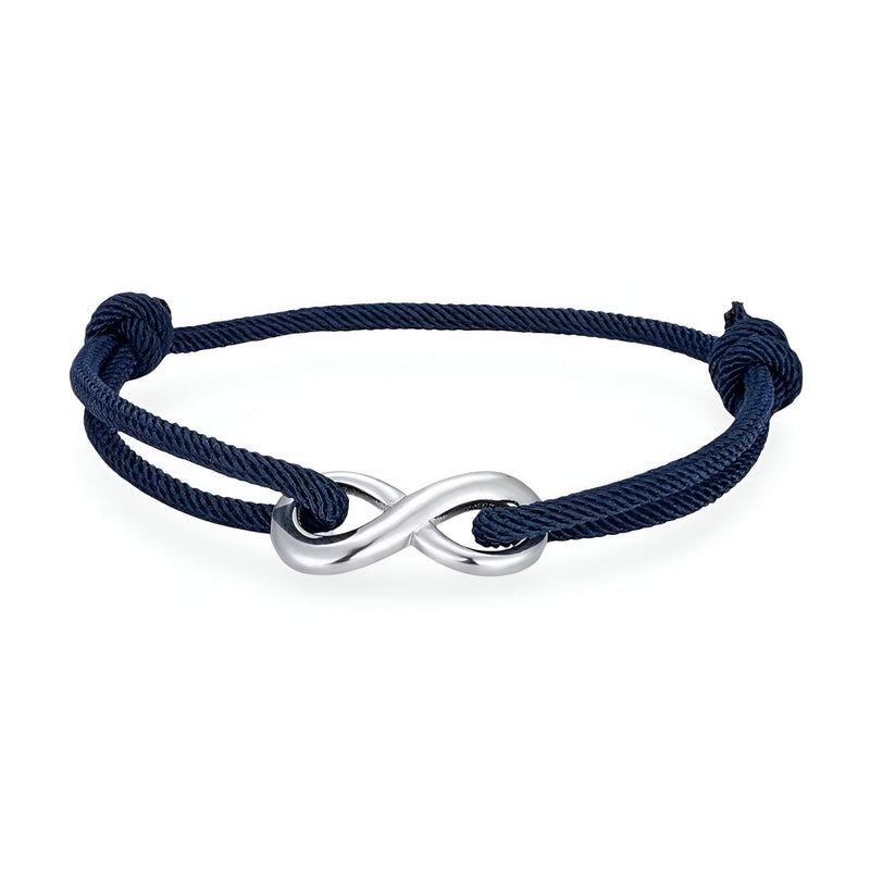 Bracelet cordon bleu marine avec ornement infini argenté ajustable.