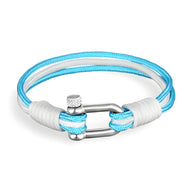 Bracelet homme cordon bleu clair blanc, manille acier inoxydable argenté, style nautique.