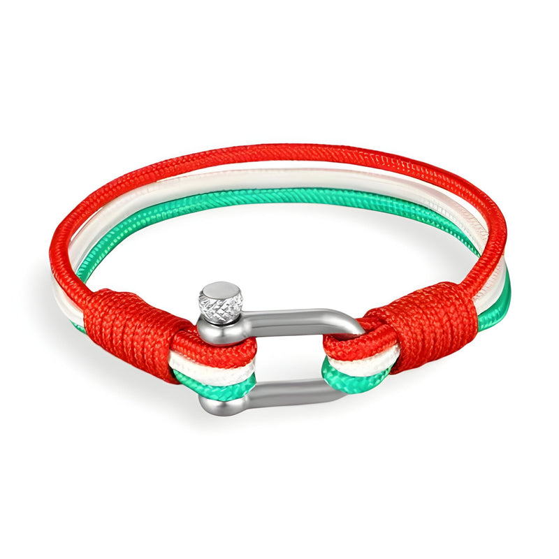 Bracelet cordon tricolore rouge, blanc et vert avec manille en acier inoxydable, style nautique.