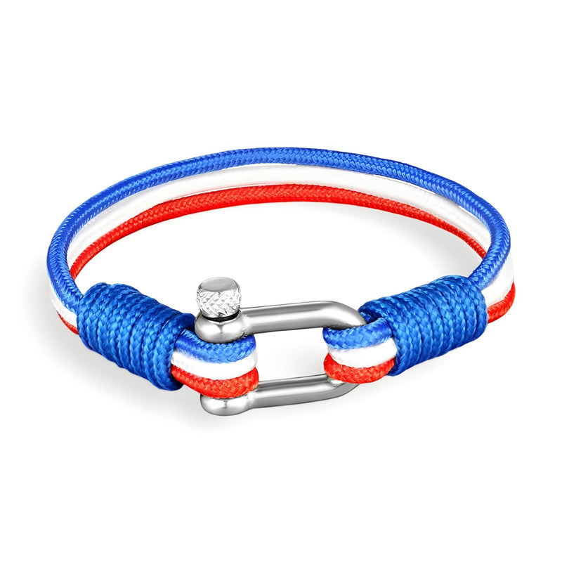 Bracelet cordon tricolore bleu, blanc, rouge avec manille en acier inoxydable pour homme.