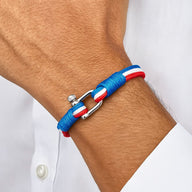 Bracelet cordon bleu tricolore rouge blanc bleu avec manille inox poli pour homme.