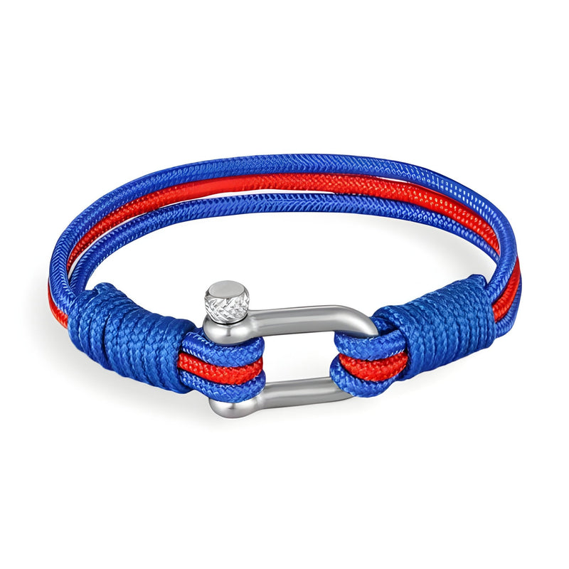 Bracelet cordon bleu et rouge avec manille en acier inoxydable, fermoir mousqueton pour homme.