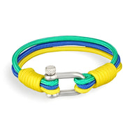 Bracelet cordon tricolore jaune, vert et bleu avec manille en acier inoxydable argenté pour homme.