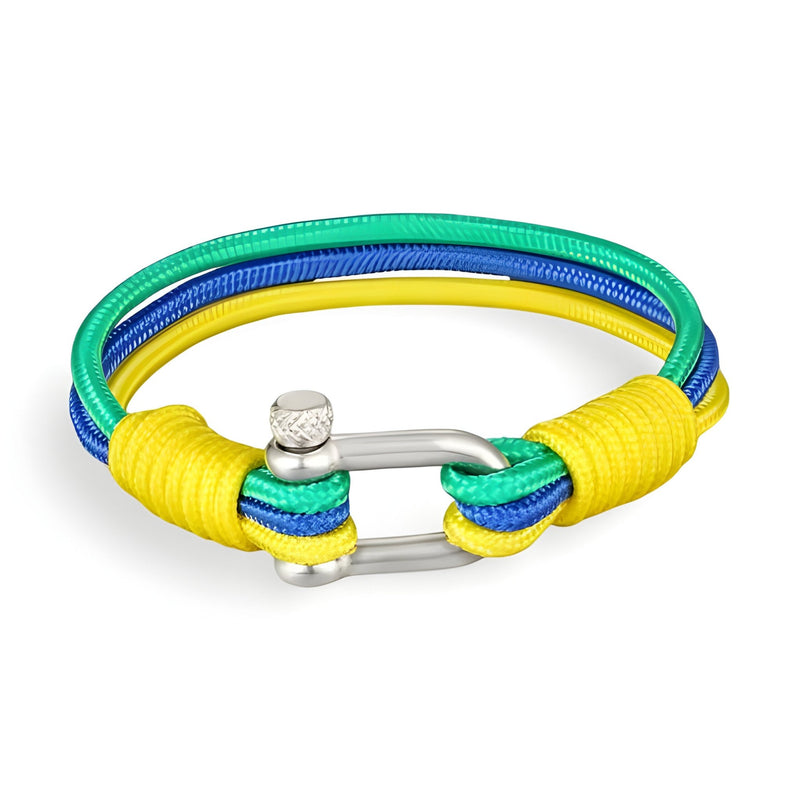 Bracelet cordon tricolore jaune, vert et bleu avec manille en acier inoxydable argenté pour homme.