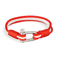Bracelet homme cordon rouge et blanc avec manille en acier inoxydable modèle Ermio.