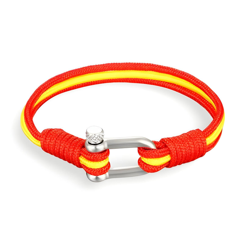Bracelet cordon rouge et jaune avec manille en acier inoxydable, modèle Ermio pour homme.