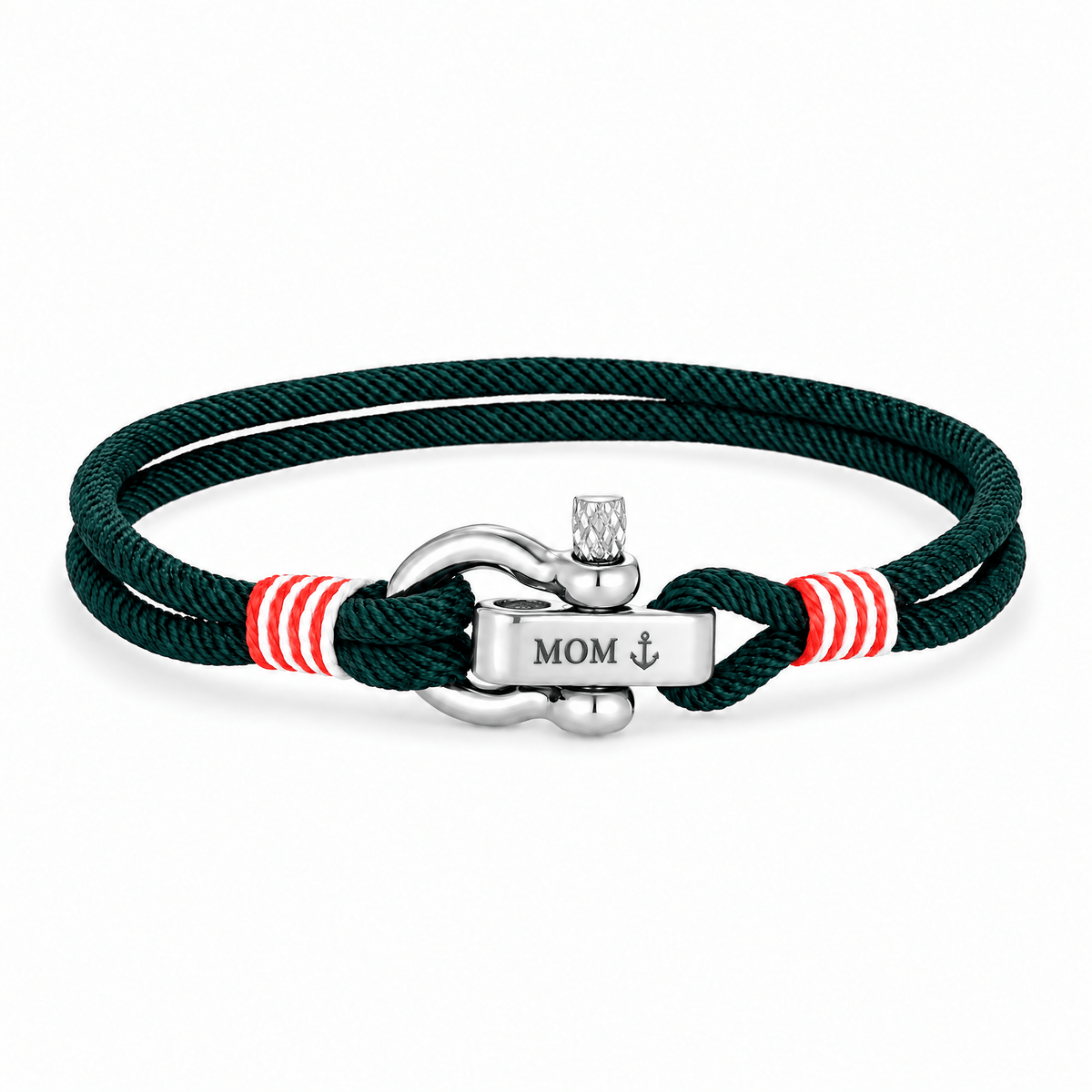 Bracelet Kenny Vert, manille en acier inoxydable personnalisée MOM ⚓, posé de face sur fond blanc