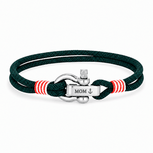 Bracelet Kenny Vert, manille en acier inoxydable personnalisée MOM ⚓, posé de face sur fond blanc