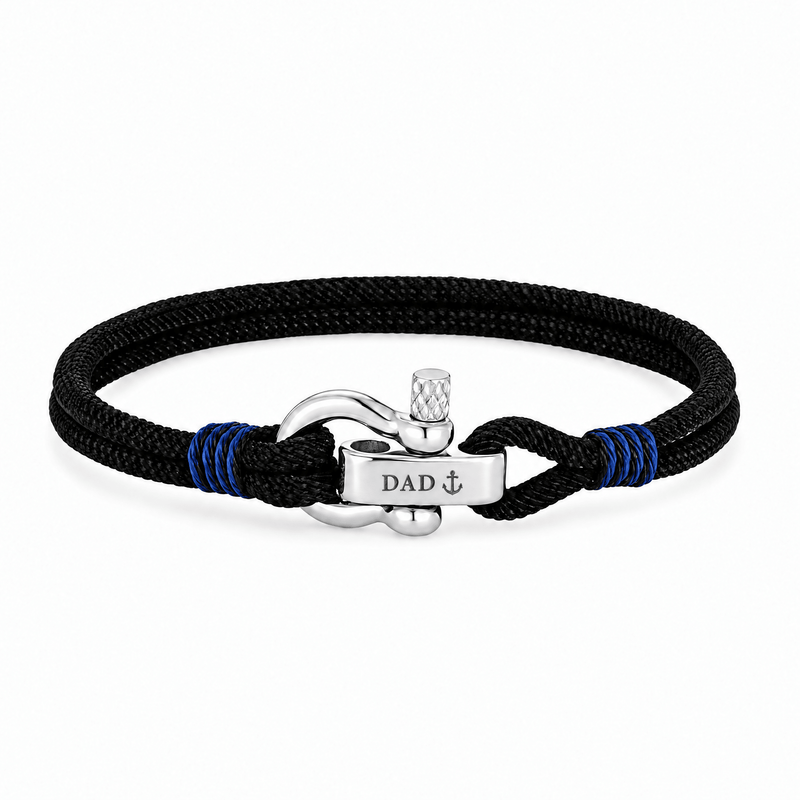 Bracelet Kenny Noir, manille en acier inoxydable personnalisée DAD ⚓, posé de face sur fond blanc