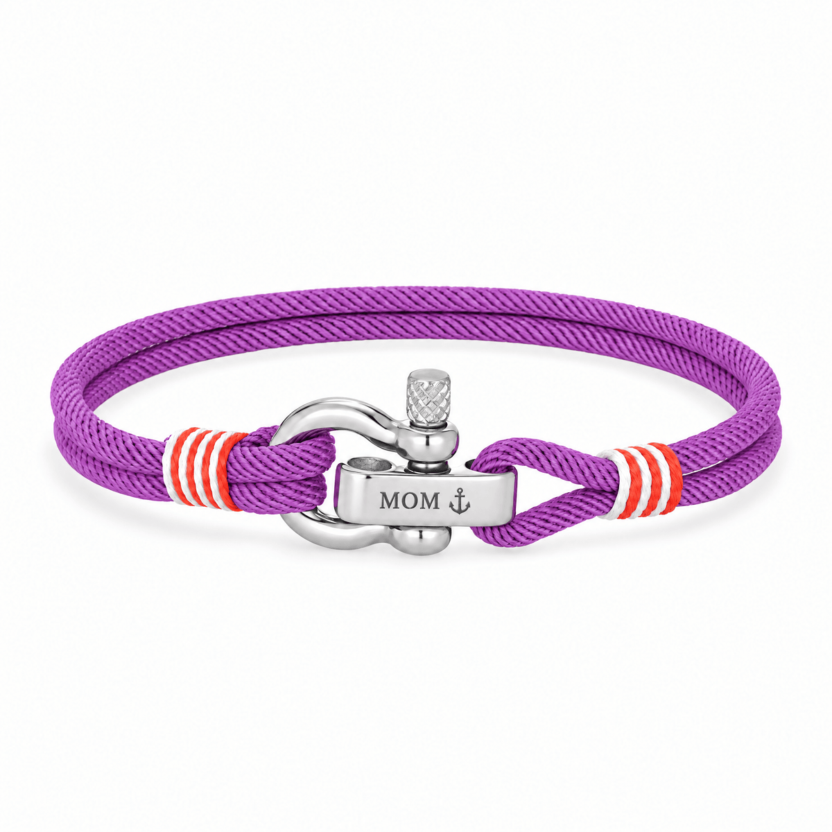 Bracelet Kenny Violet, manille en acier inoxydable personnalisée MOM ⚓, posé de face sur fond blanc