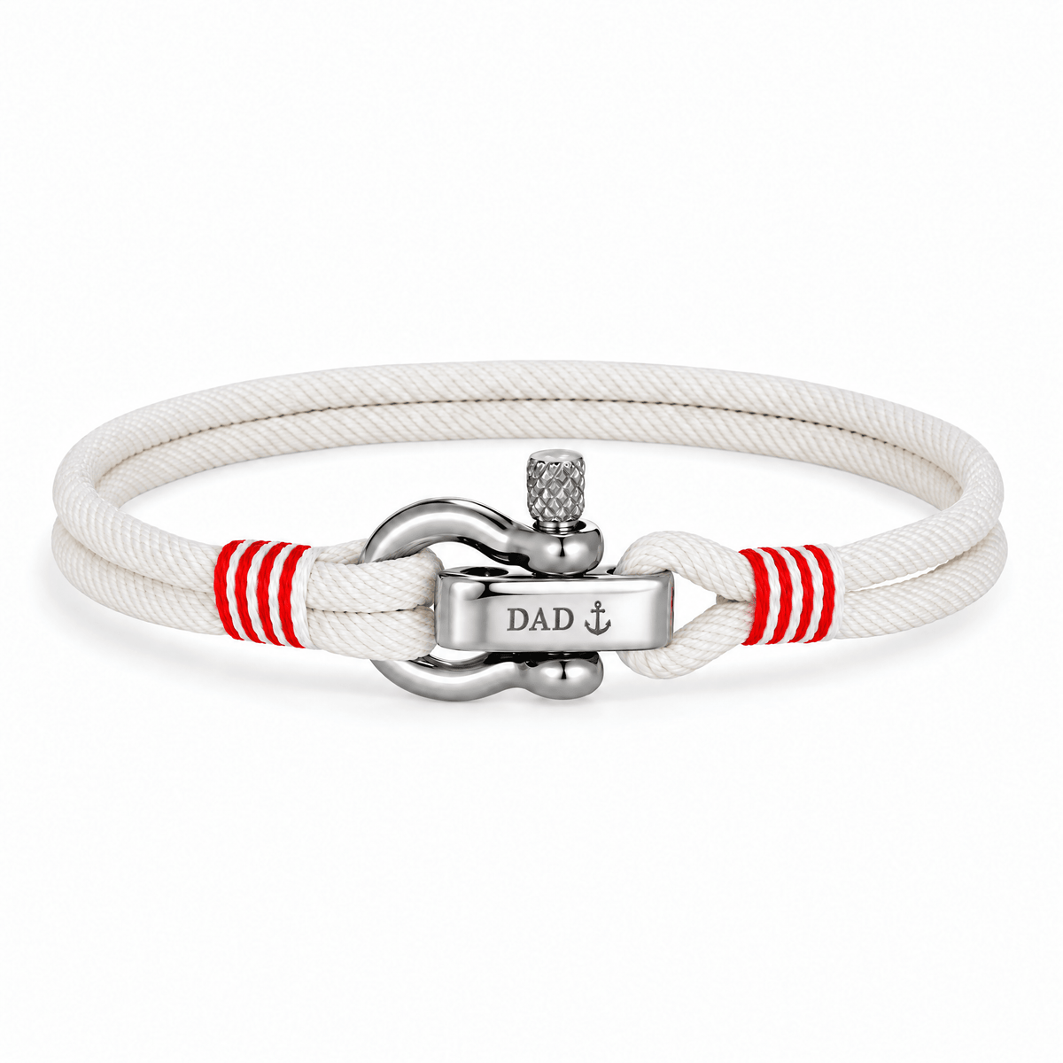 Bracelet Kenny Blanc, manille en acier inoxydable personnalisée DAD ⚓, posé de face sur fond blanc