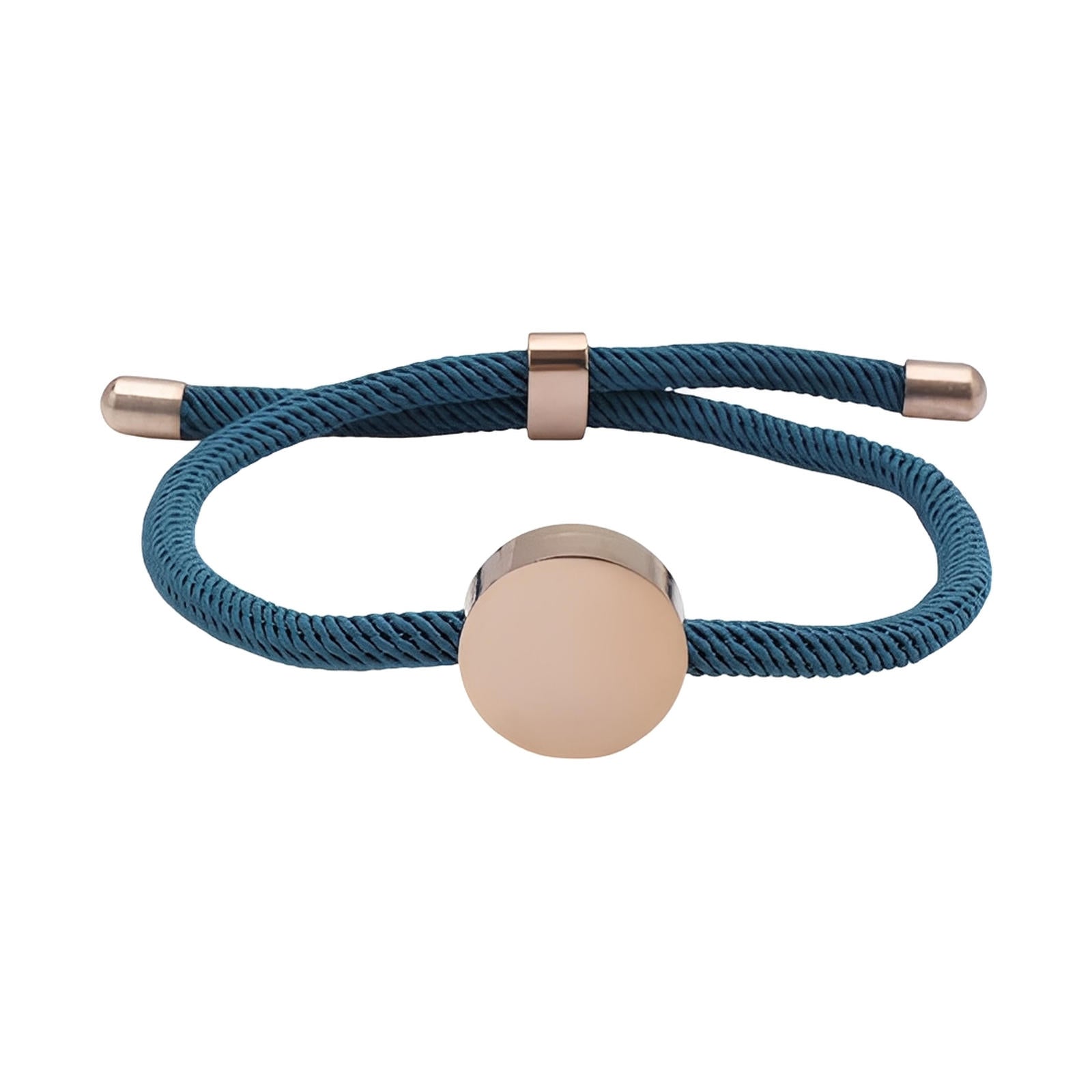 Bracelet cordon bleu avec médaillon rond en acier inoxydable poli, ajustable, design épuré.