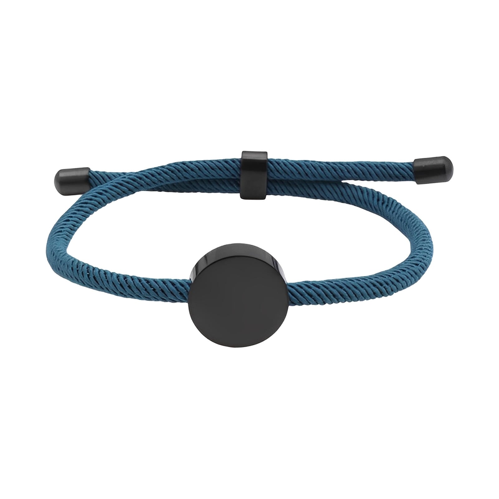 Bracelet cordon bleu marine avec médaillon rond en acier inoxydable noir, style minimaliste et ajustable.