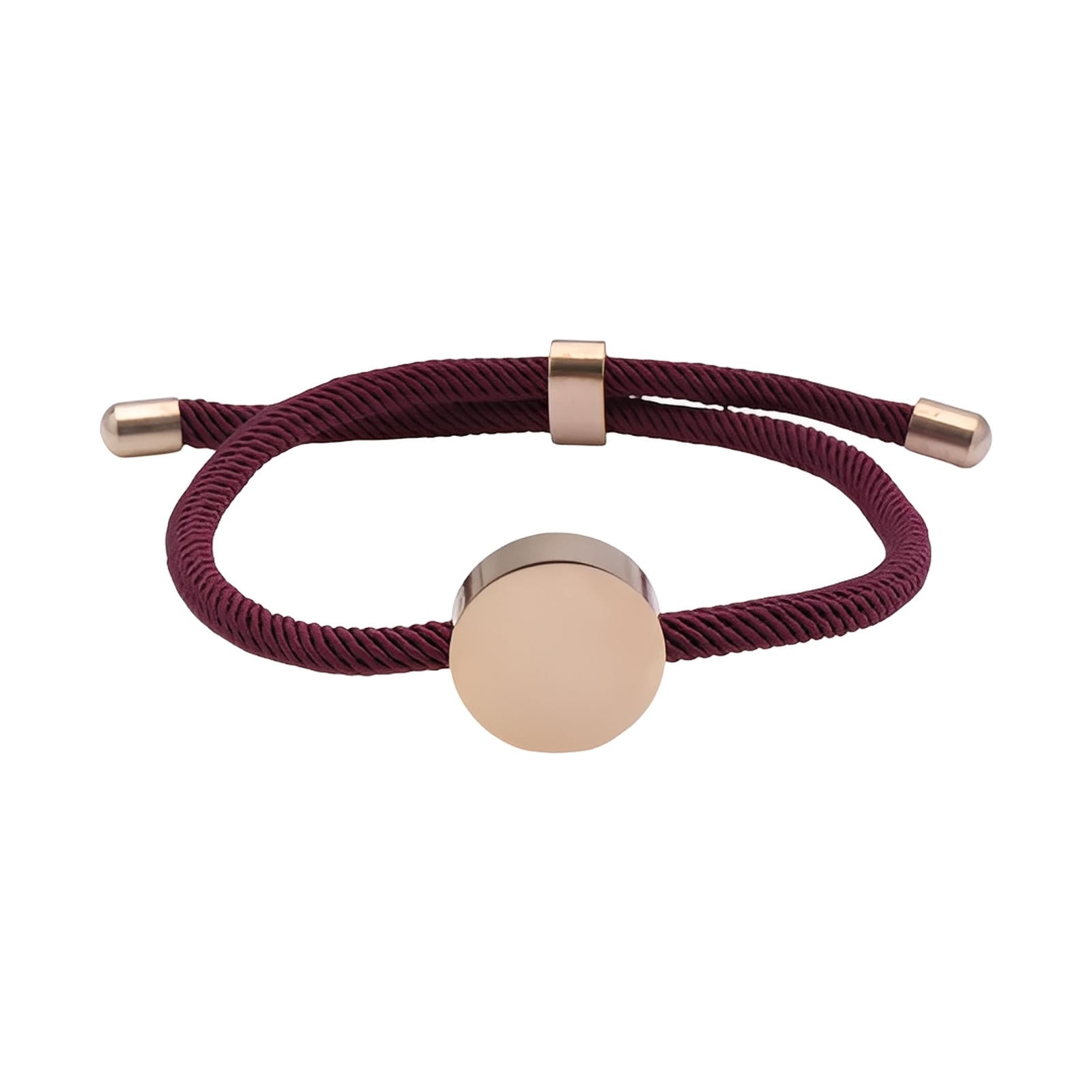 Bracelet cordon bordeaux avec médaillon rond en acier inoxydable doré, design minimaliste ajustable.