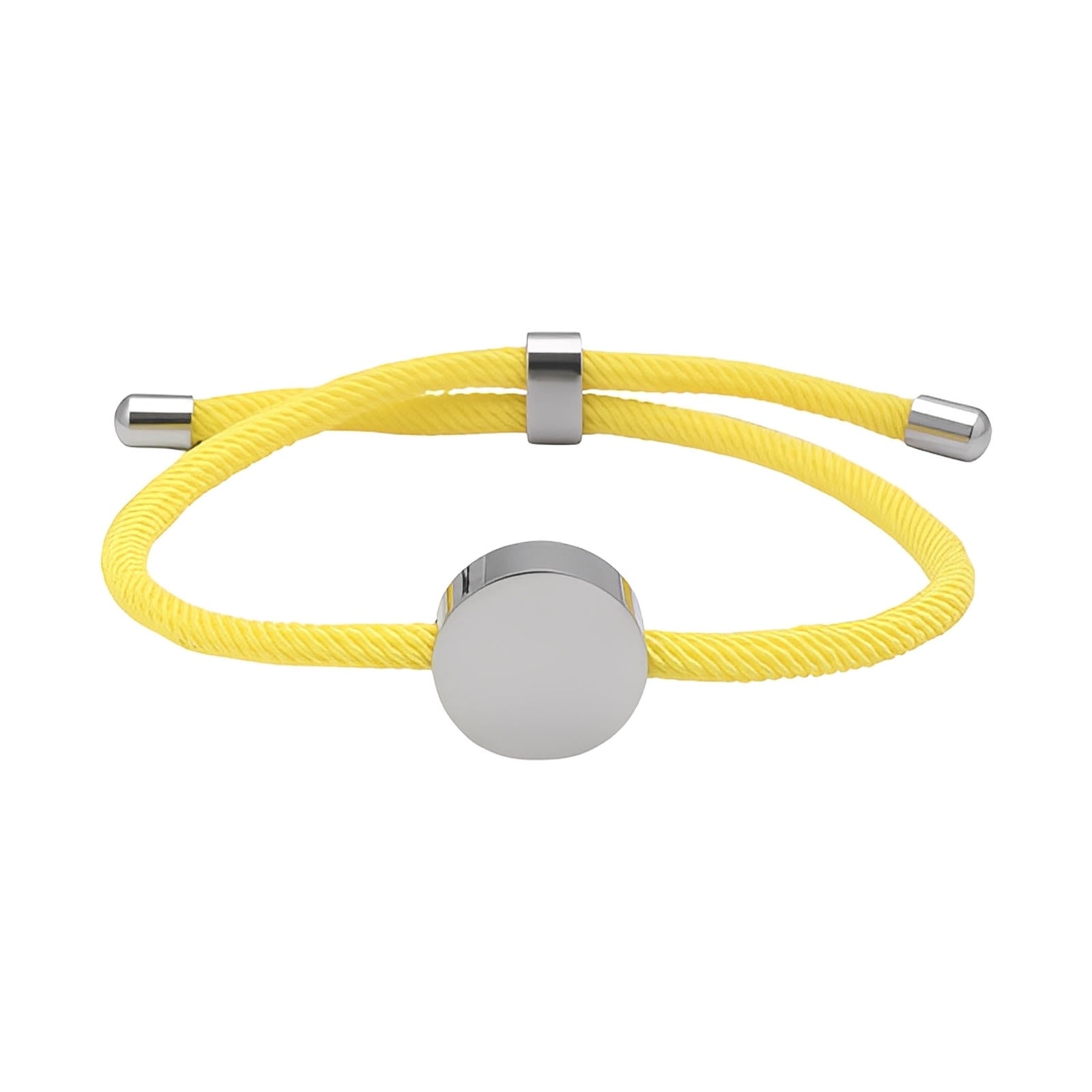 Bracelet cordon jaune avec médaillon rond en acier inoxydable poli et ajustable.