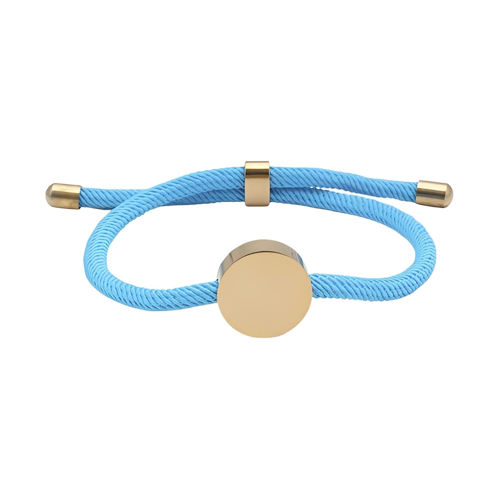 Bracelet cordon bleu ciel avec médaillon rond en acier inoxydable doré, style minimaliste.
