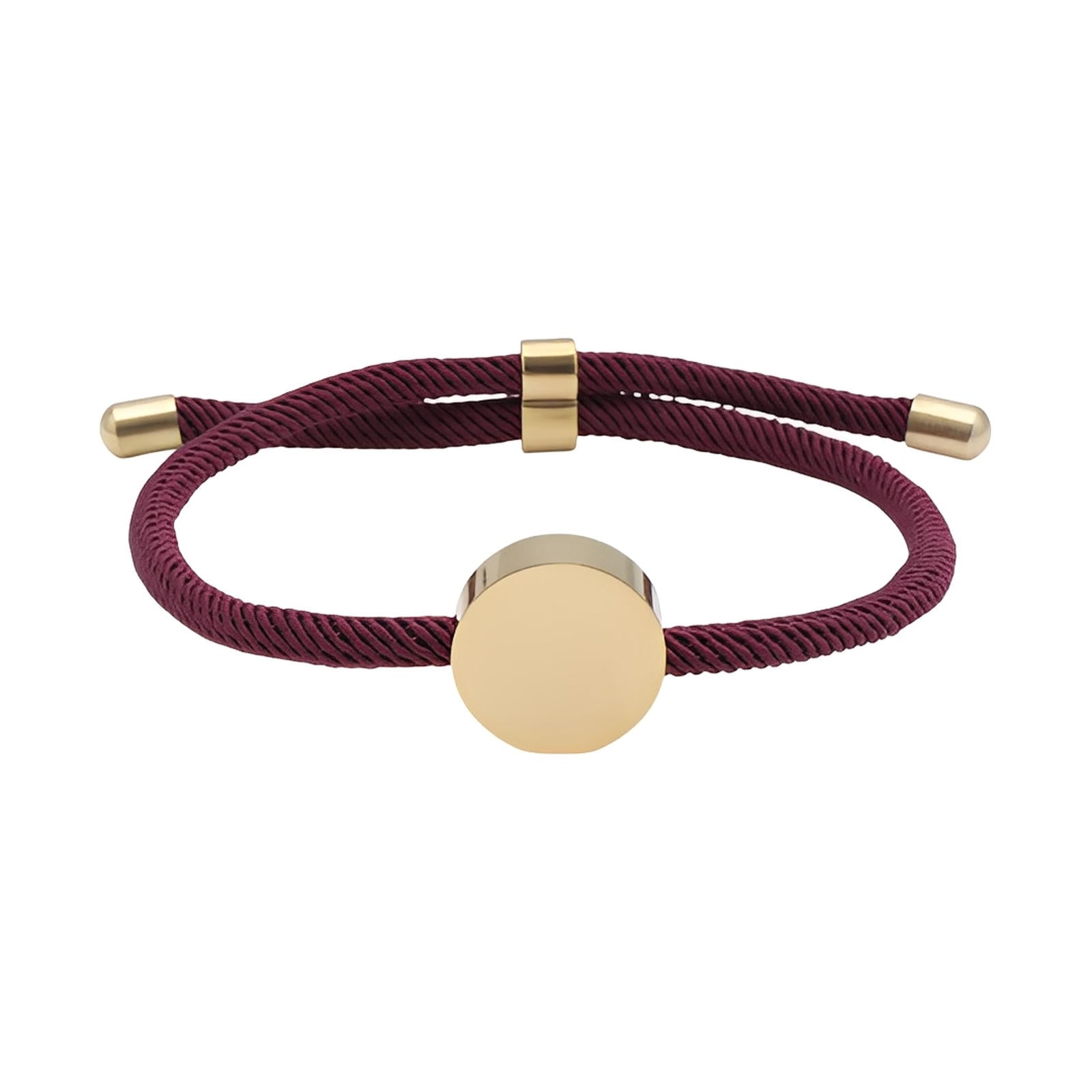 Bracelet cordon bordeaux avec médaillon rond en acier inoxydable doré, design minimaliste.