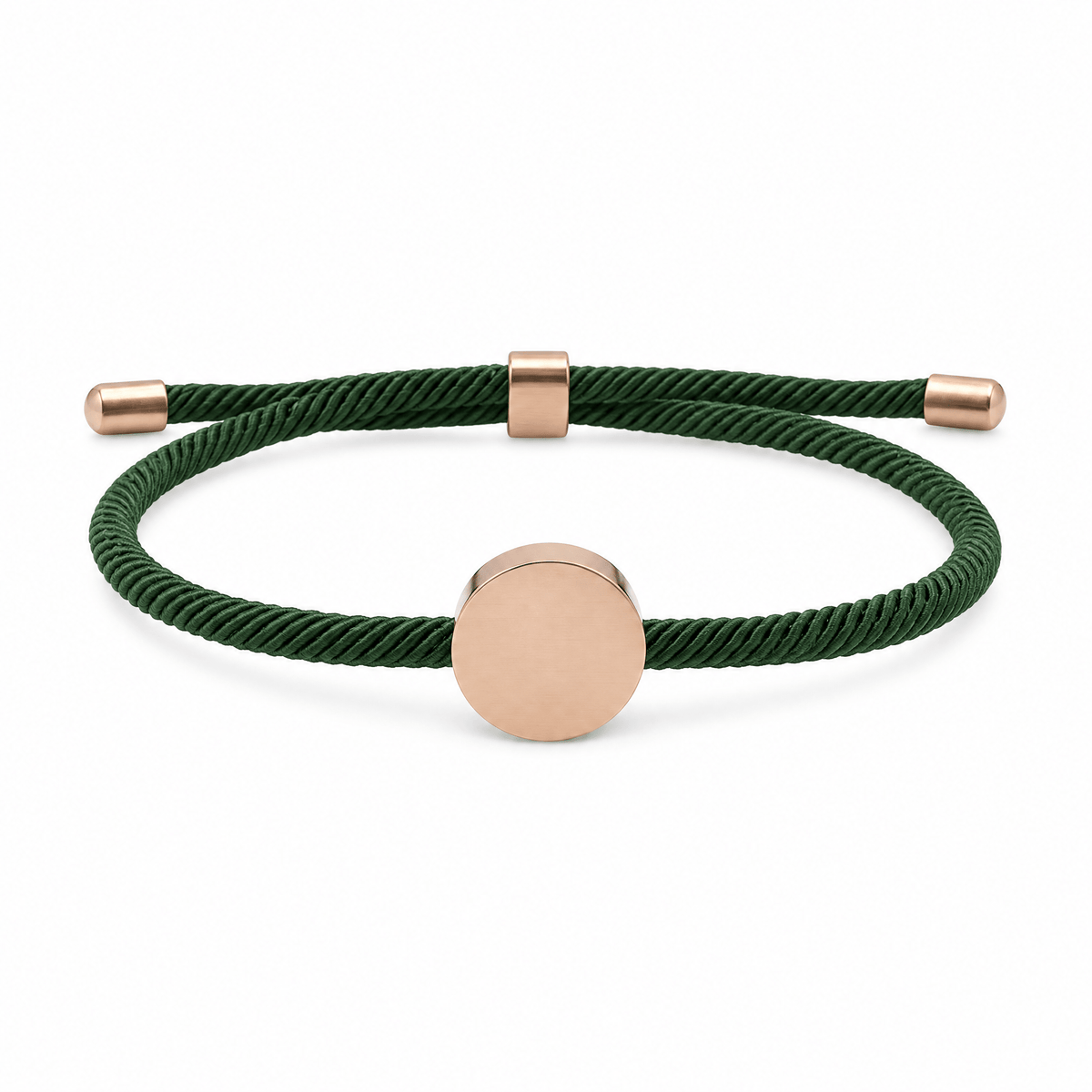 Bracelet Dax Or rosé / Vert, cordon ajustable et médaillon rond, posé de face sur fond blanc