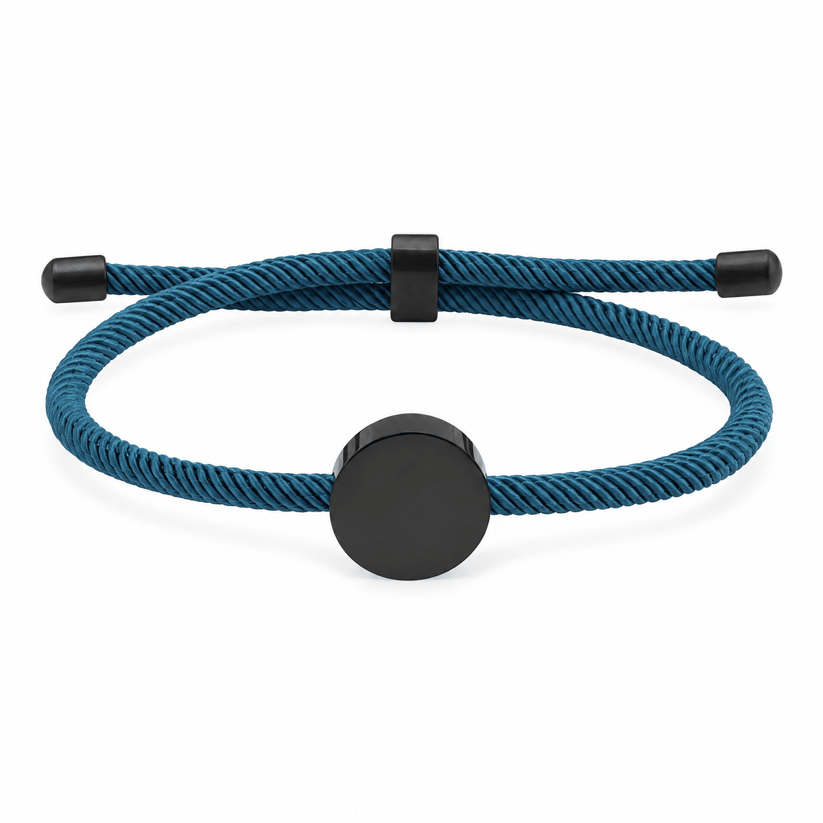 Bracelet Dax Noir / Bleu, cordon ajustable et médaillon rond, posé de face sur fond blanc