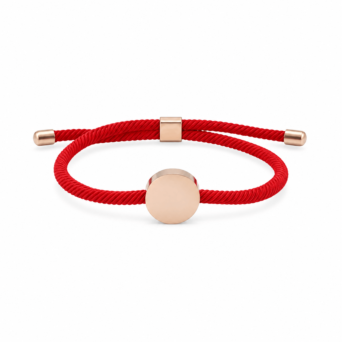 Bracelet Dax Or rosé / Rouge, cordon ajustable et médaillon rond, posé de face sur fond blanc