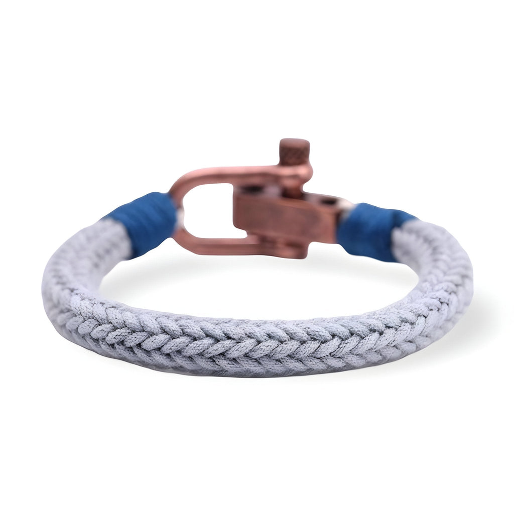 Bracelet cordon gris tressé avec fermoir mousqueton en métal cuivre pour homme.