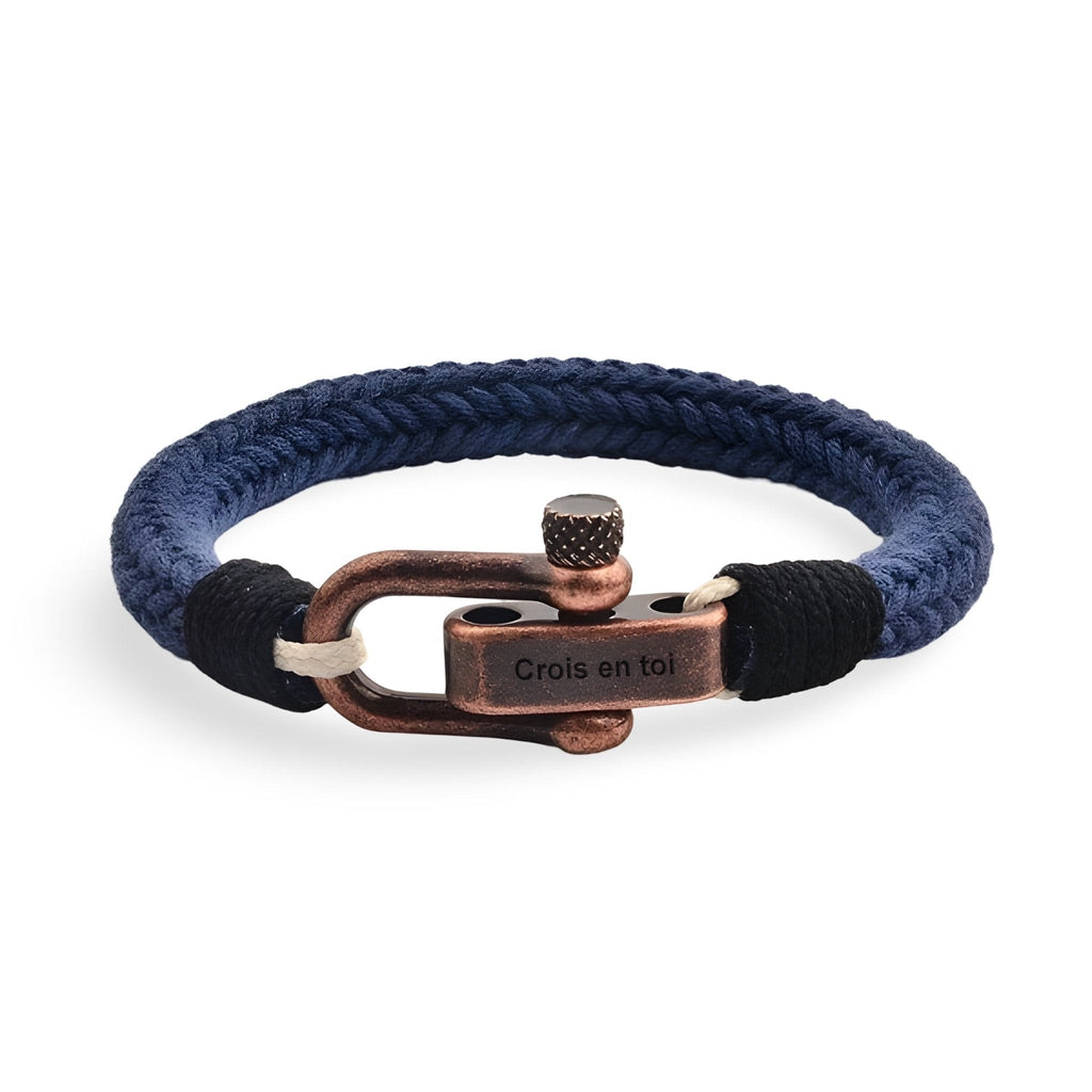 Bracelet cordon bleu tressé avec fermoir mousqueton en métal cuivré gravé "Crois en toi".