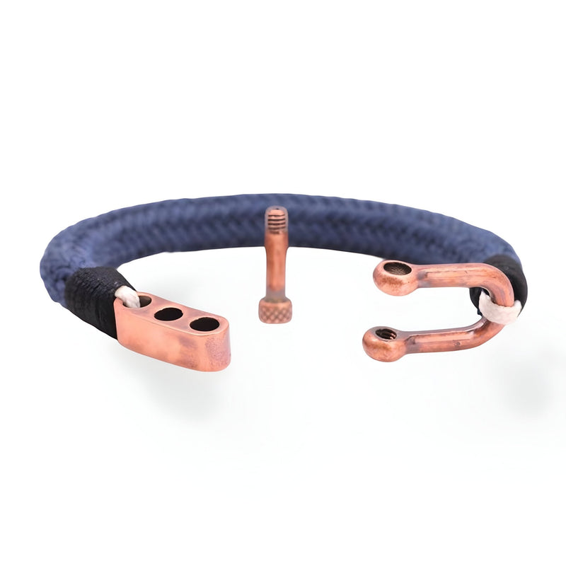 Bracelet cordon bleu avec fermoir mousqueton en métal cuivré, modèle Rodrigo pour homme.