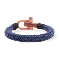 Bracelet cordon bleu tressé avec fermoir mousqueton en métal cuivré pour homme modèle Rodrigo.