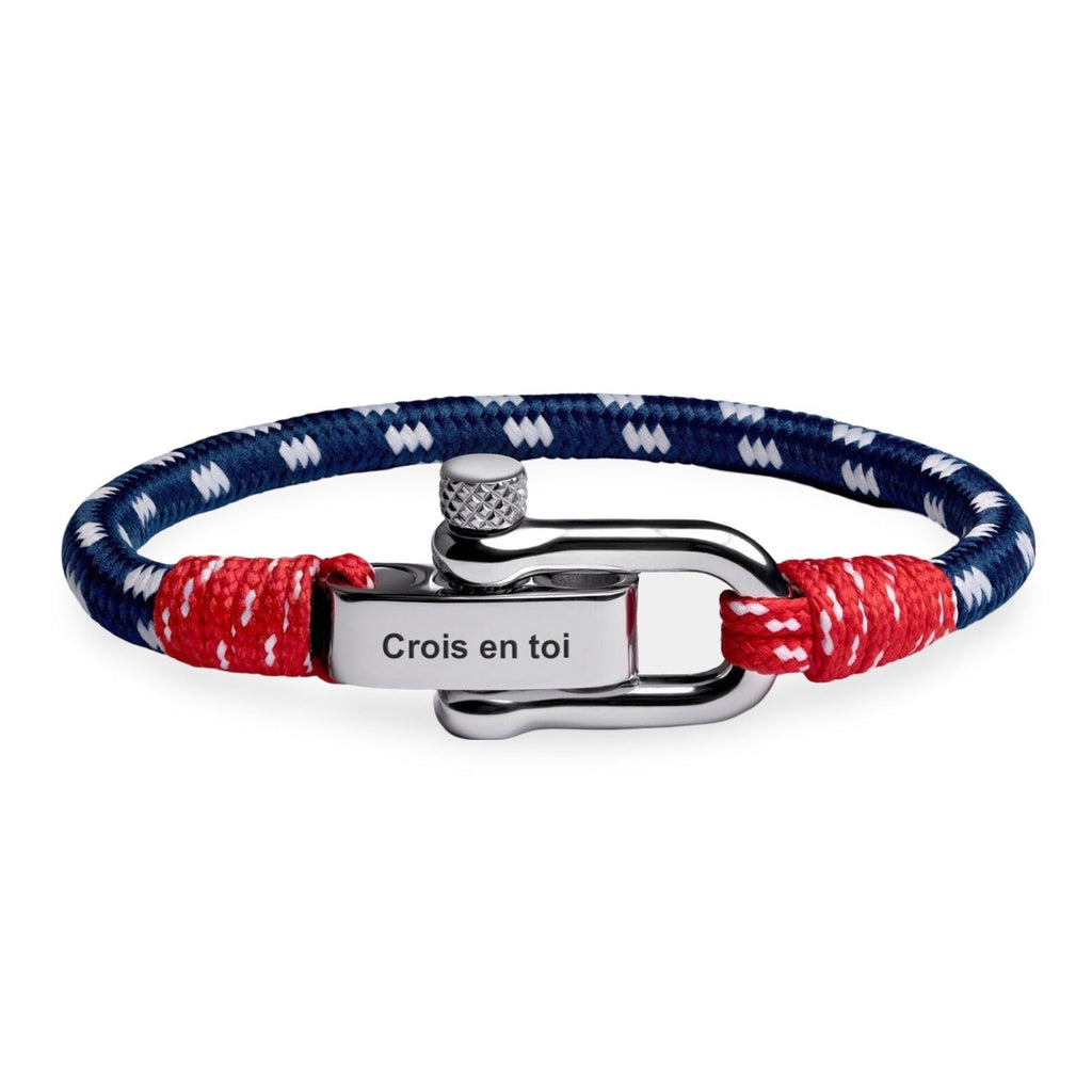 Bracelet cordon bleu et rouge avec fermoir mousqueton argenté gravé « Crois en toi ».