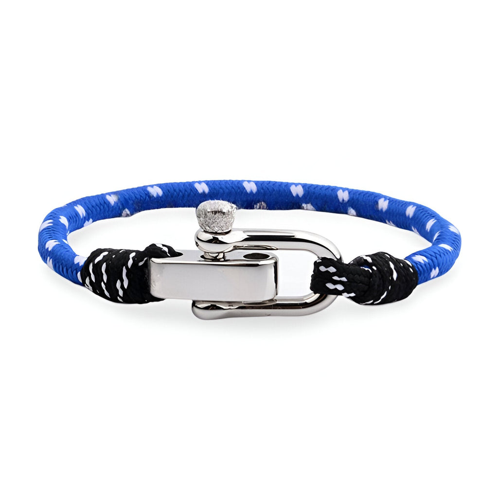 Bracelet cordon bleu et noir avec mousqueton argenté pour homme modèle Vicente.