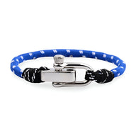 Bracelet cordon bleu et noir avec mousqueton argenté pour homme modèle Vicente.