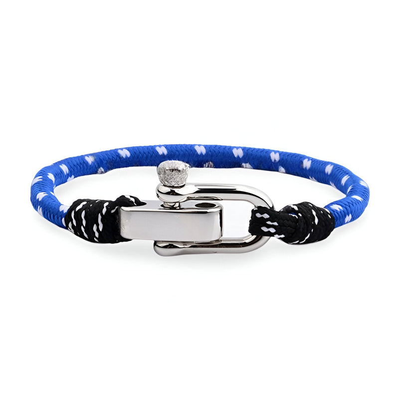 Bracelet cordon bleu et noir avec mousqueton argenté pour homme modèle Vicente.