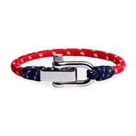 Bracelet cordon rouge et bleu marine avec fermoir mousqueton argenté brillant, design moderne pour homme.