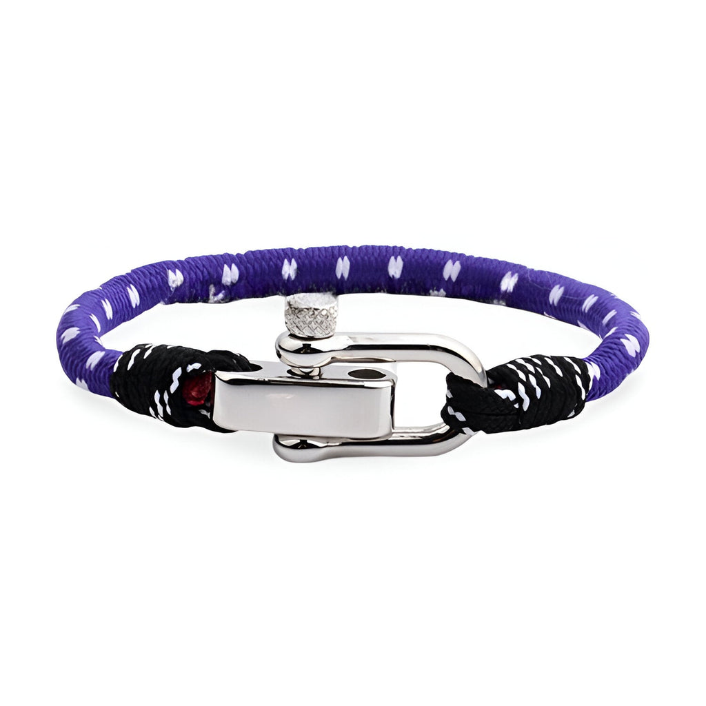 Bracelet cordon violet et noir pour homme avec fermoir mousqueton en métal argenté.
