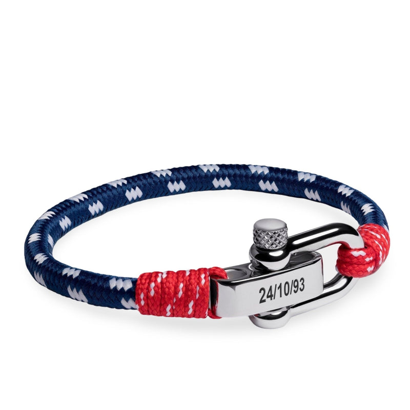 Bracelet cordon bleu et rouge avec fermoir mousqueton en acier gravé 24/10/93.