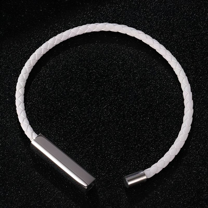 Bracelet cordon blanc en cuir tressé avec plaque argentée personnalisable, modèle Grety.