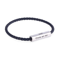 Bracelet cordon noir en cuir tressé avec plaque argentée gravée "Crois en toi".